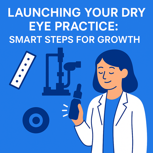 Illustration of an eye doctor holding dry eye treatment with NaFl strips, slit lamp, and transilluminator icons, alongside text: Launching Your Dry Eye Practice: Smart Steps for Growth.