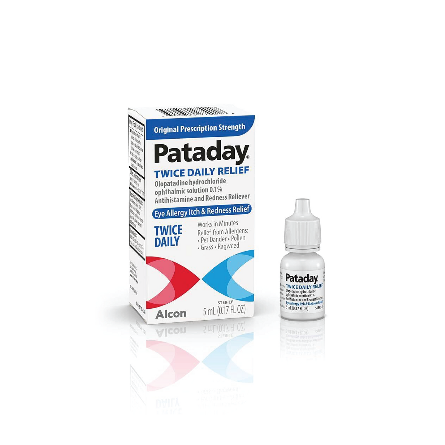 Packaging of Pataday Twice Daily Relief eye drops with a 5mL bottle displayed in front of the box.