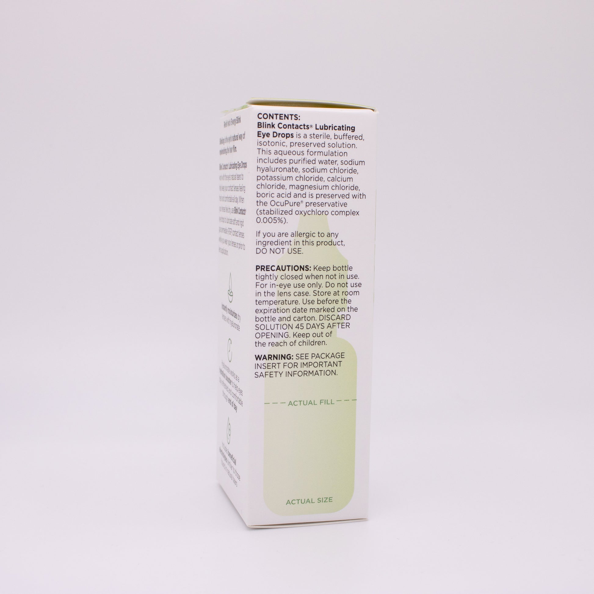 Box of Blink dry contacts eye drops with text on a white background