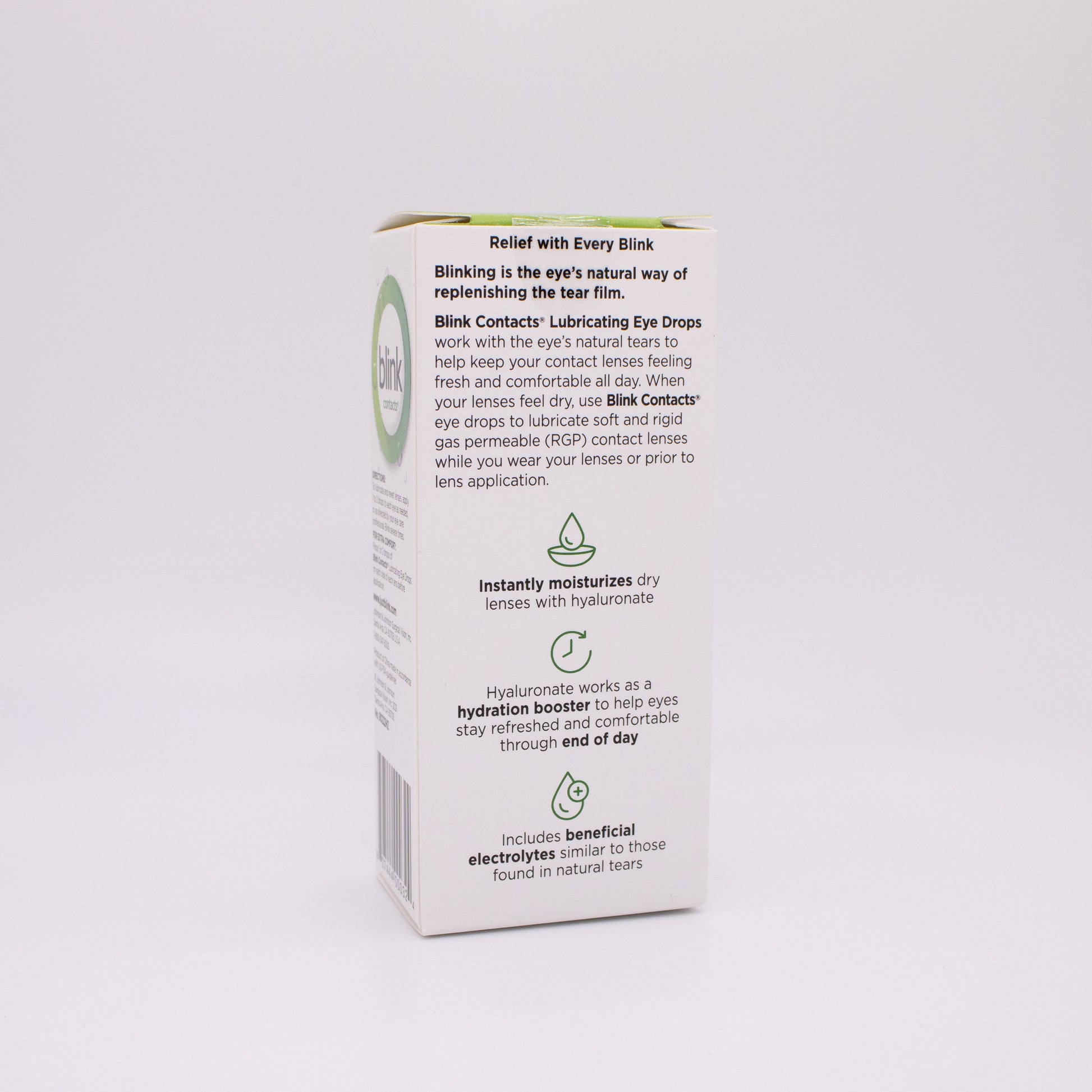 Blink dry contacts eye drops back of box on a white background