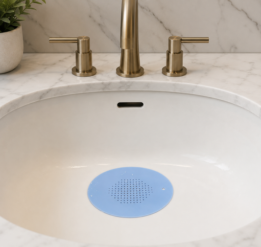 A light blue circular sink drain cover with a perforated center, placed inside a white undermount sink. The sink is set into a marble countertop with a brushed brass faucet and matching faucet handles, with a small potted plant in the background.