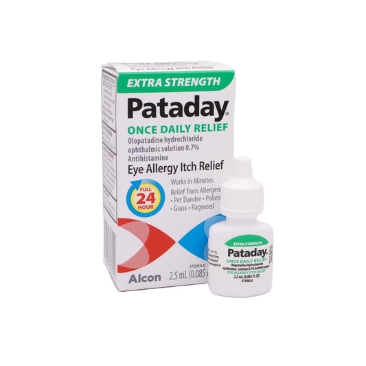 Extra Strength Pataday Once Daily Relief eye allergy relief product packaging with product on a white background