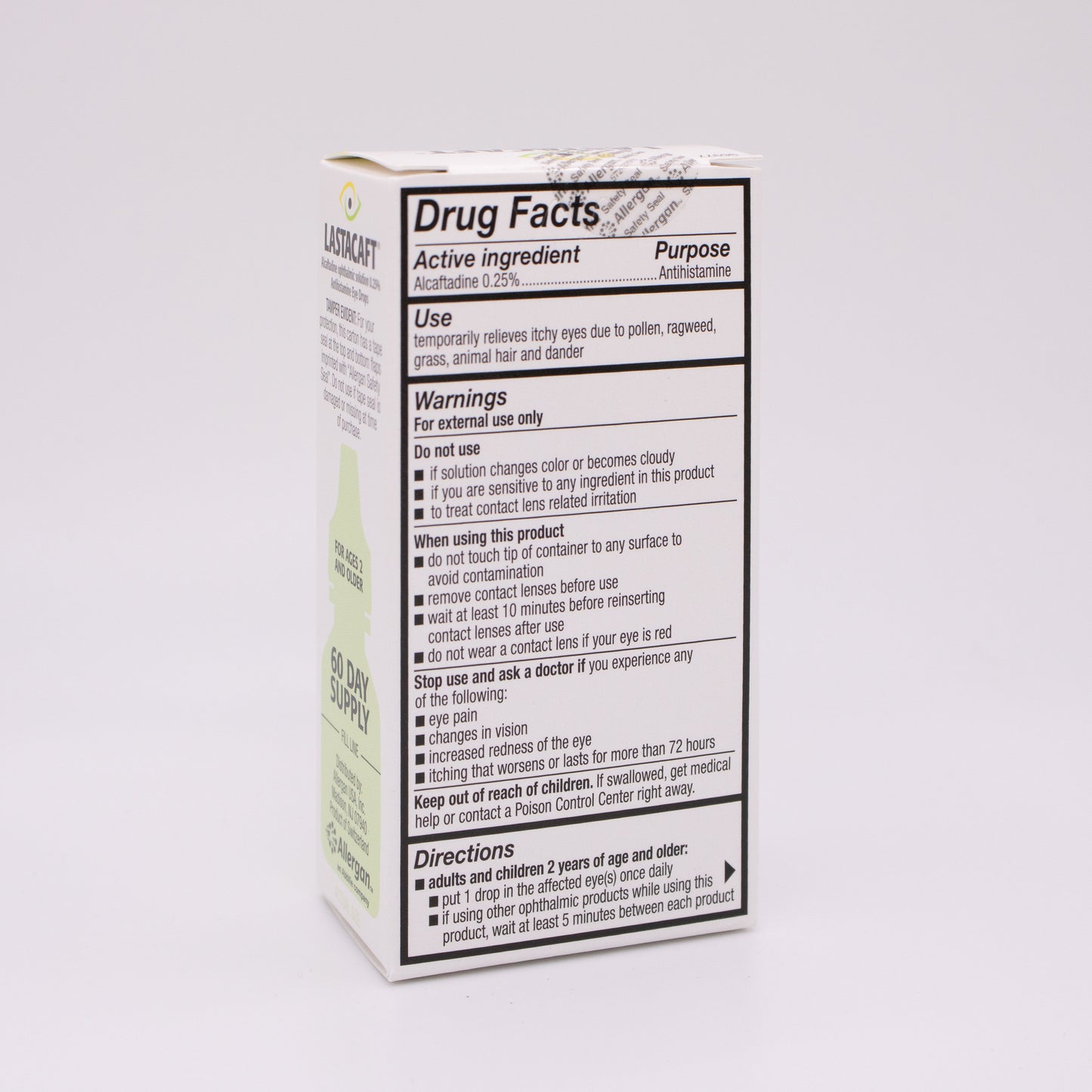 Lastacaft Allery Relief box with 'Drug Facts' label on a white background