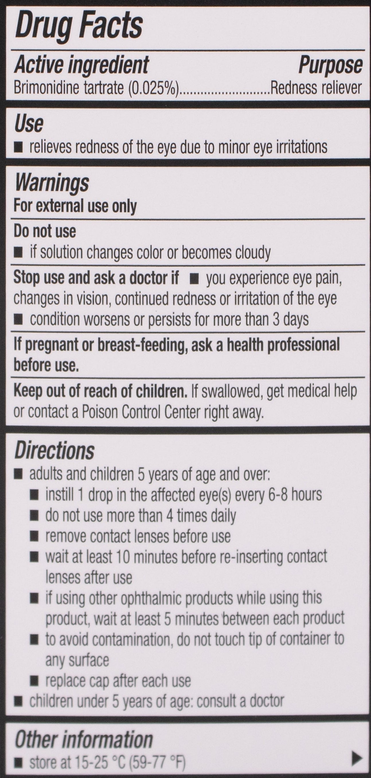 Drug facts label for a redness reliever with active ingredient brimonidine tartrate.