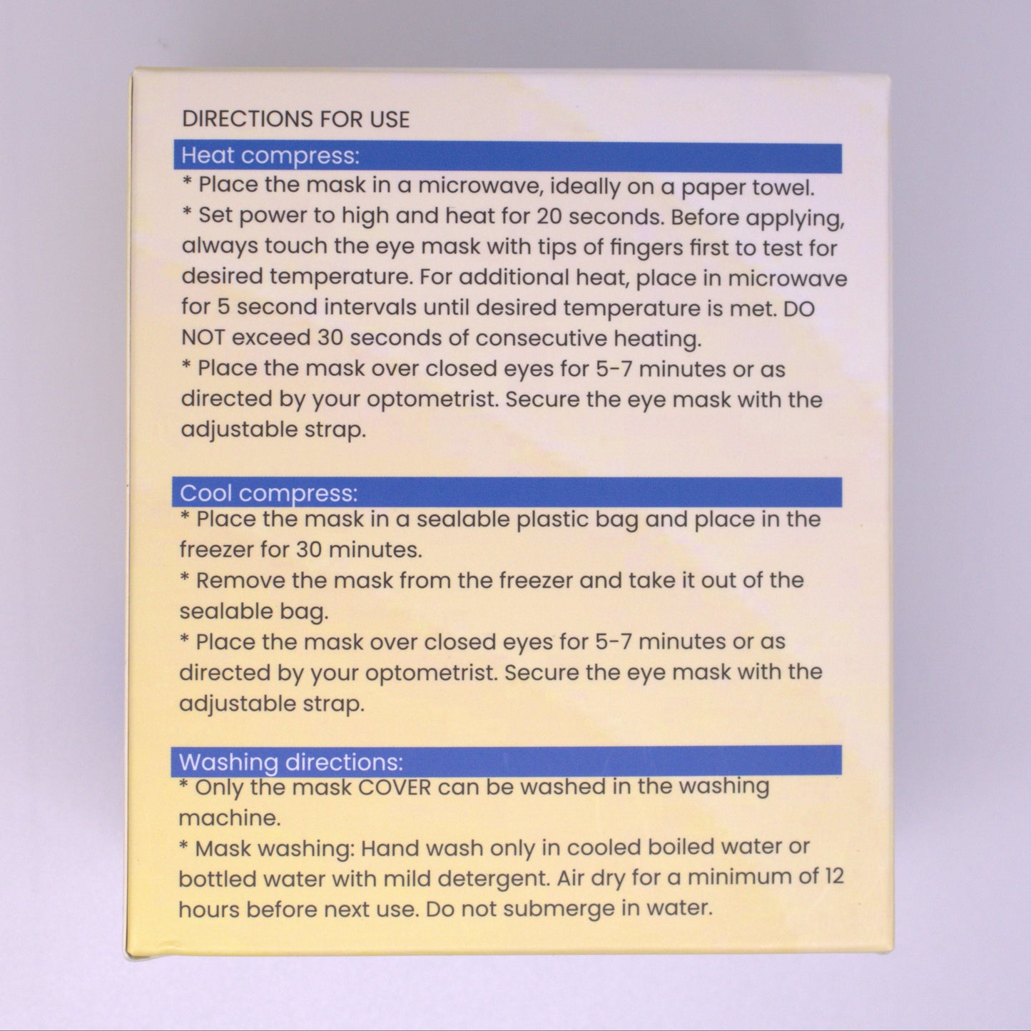 Peeq Pro Silica Bead Heat Mask/Warm Compress directions label