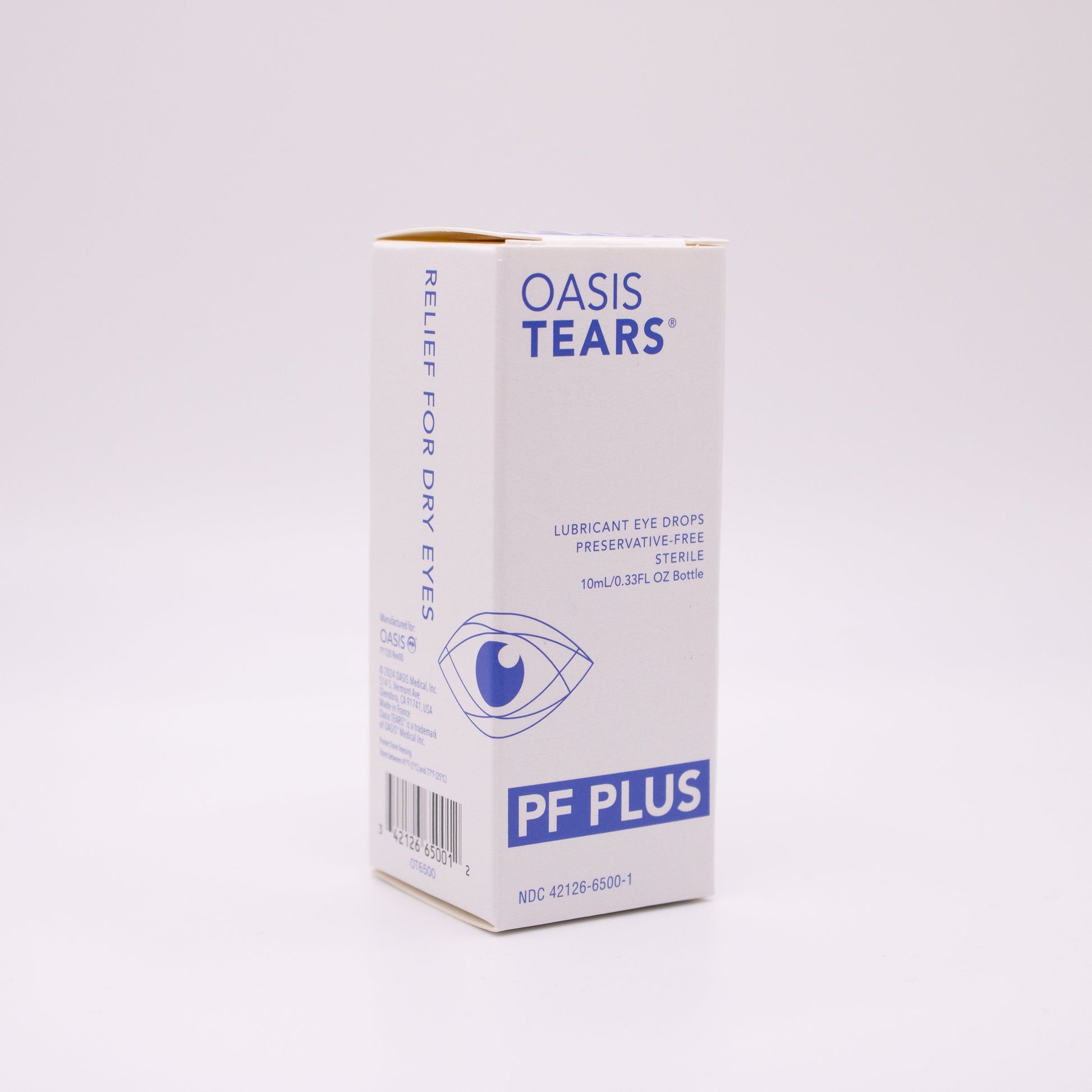 Oasis Tears PF Plus eye drop box on a white background