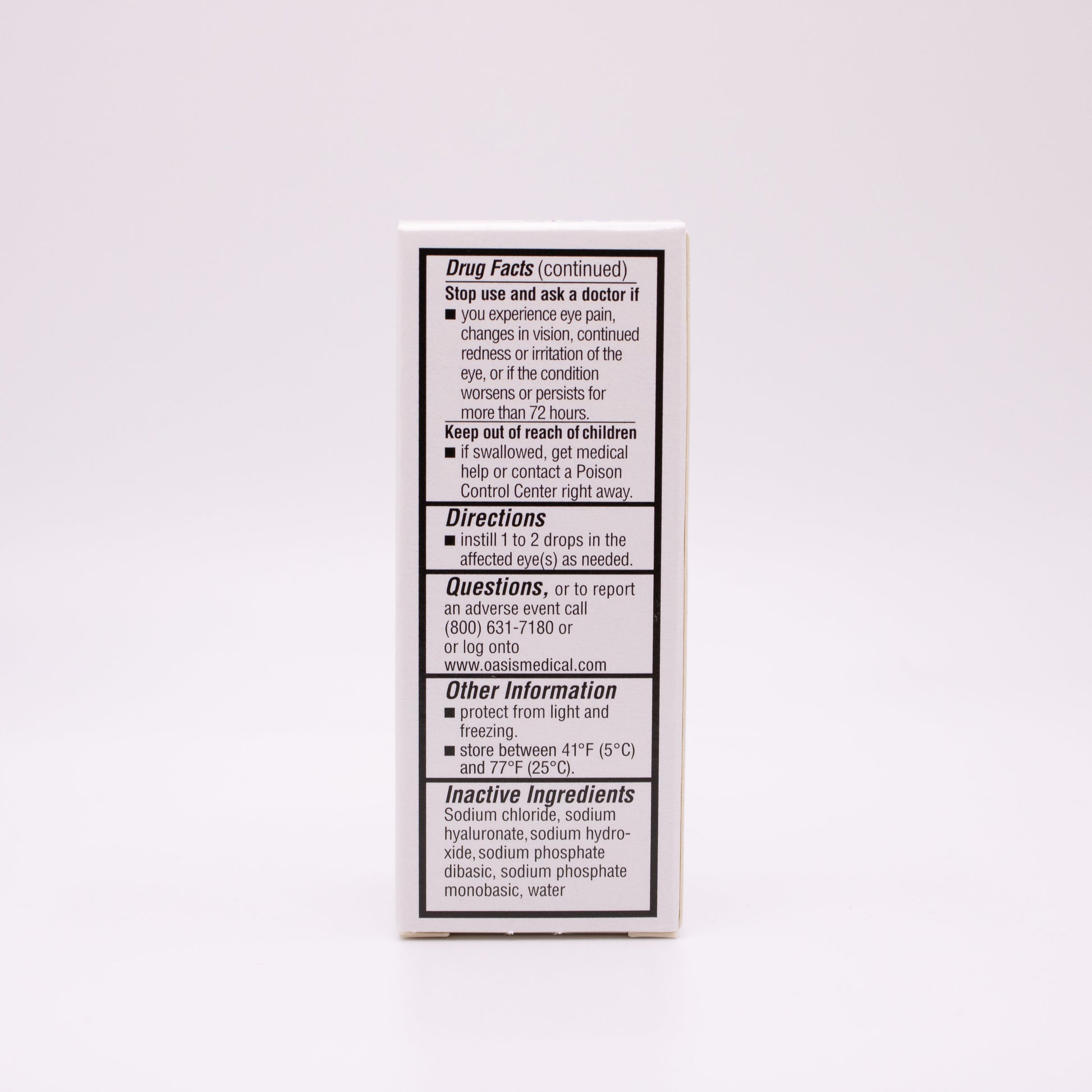 Oasis Tears PF Plus lubricant eye drops second drug facts label with text on a white background