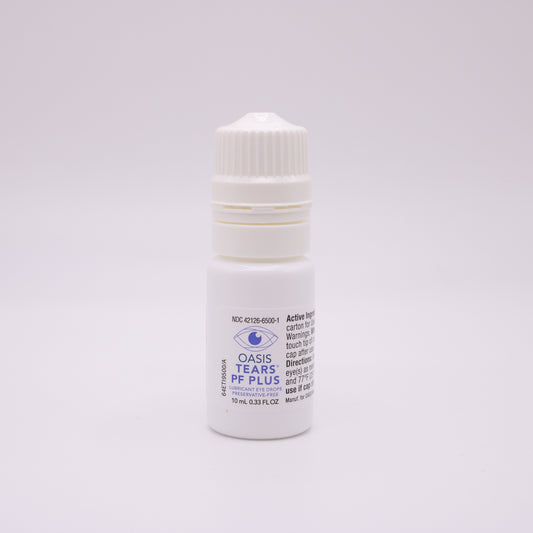 Oasis Tears PF Plus lubricant eye drops bottle with a label on a light gray background