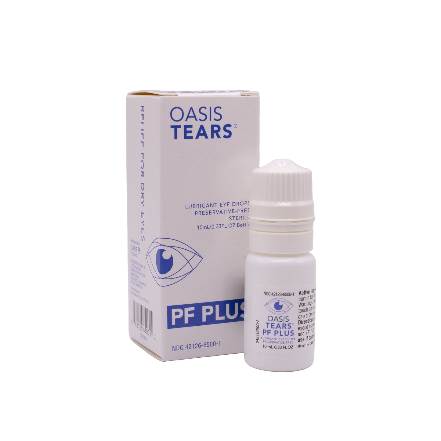 Oasis Tears PF Plus eye drop box with bottle on a white background