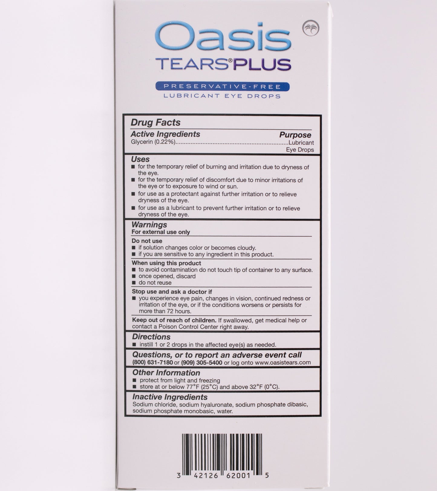 Oasis Tears Plus eye drop drug facts label on a white background