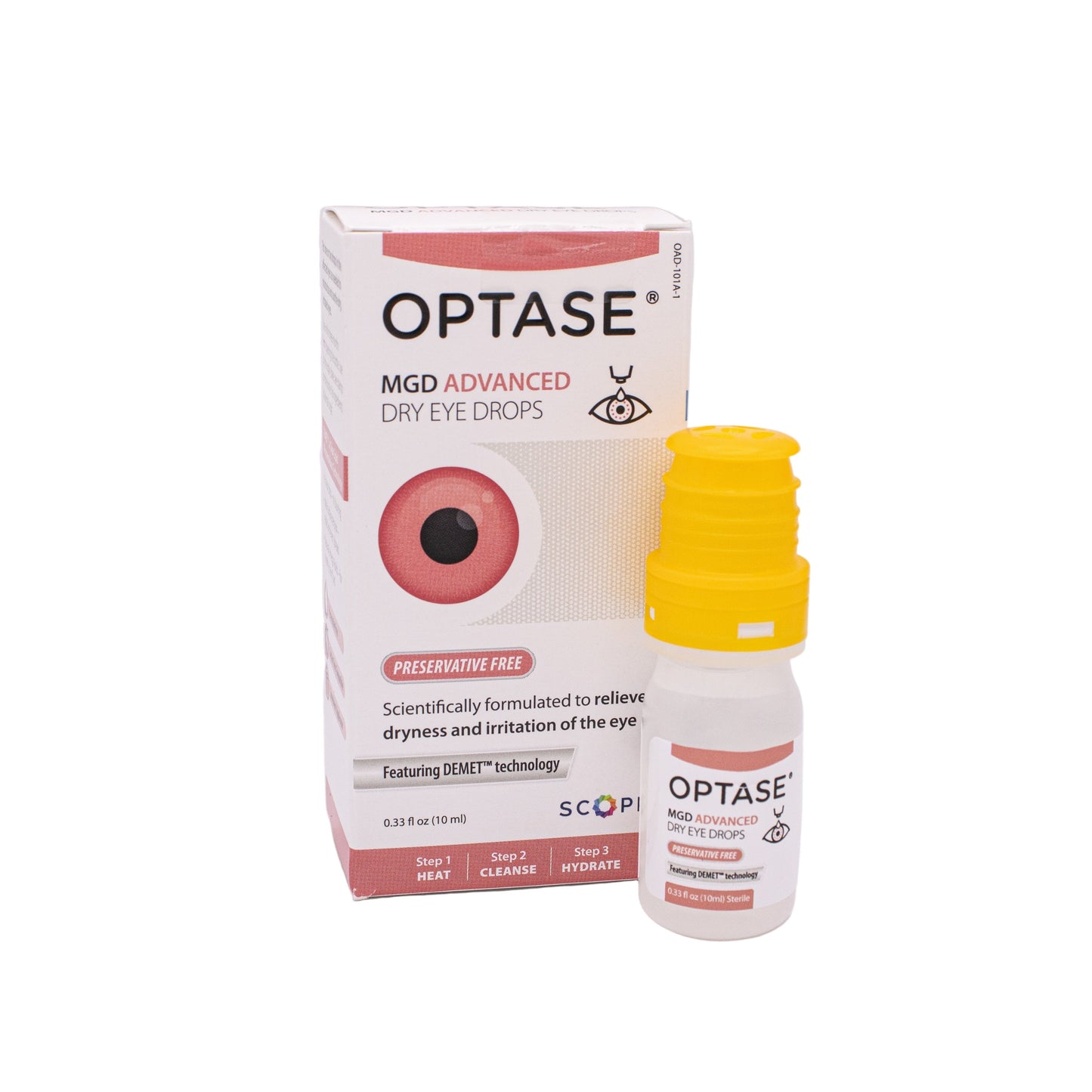 Optase MDG Advanced eye drop bottle and packaging on a white background