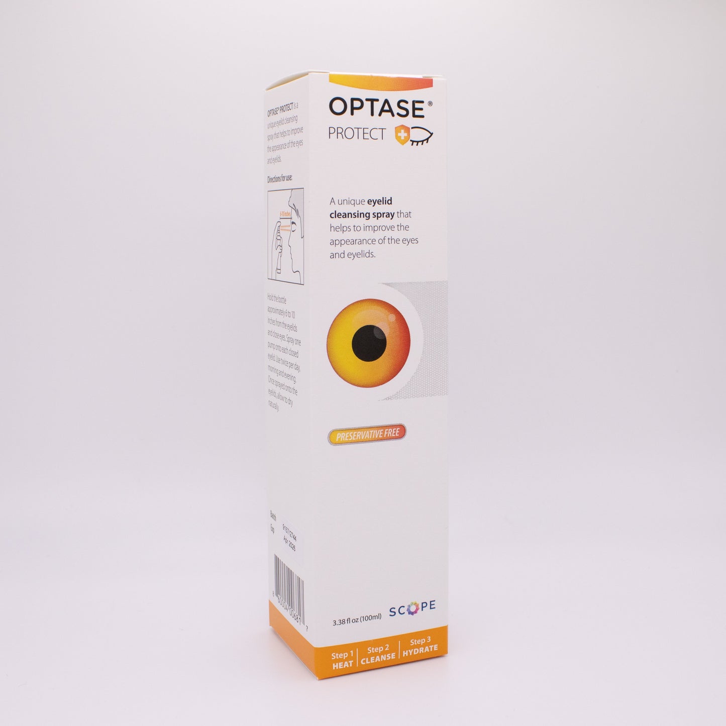 Optase protect eye cleaning spray box on a white background