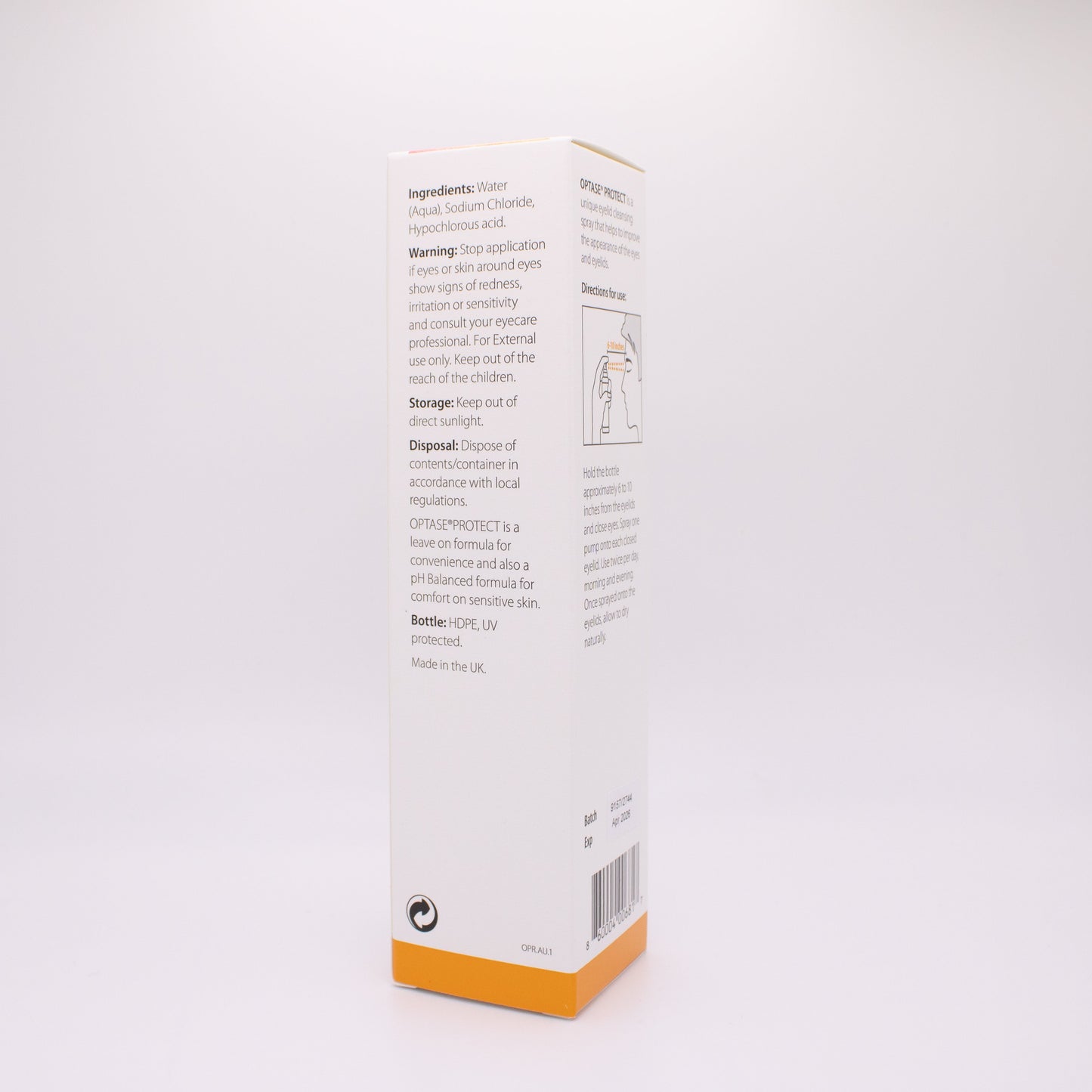 Optase Protect Spray box ingredients label and an orange bottom corner on a white background