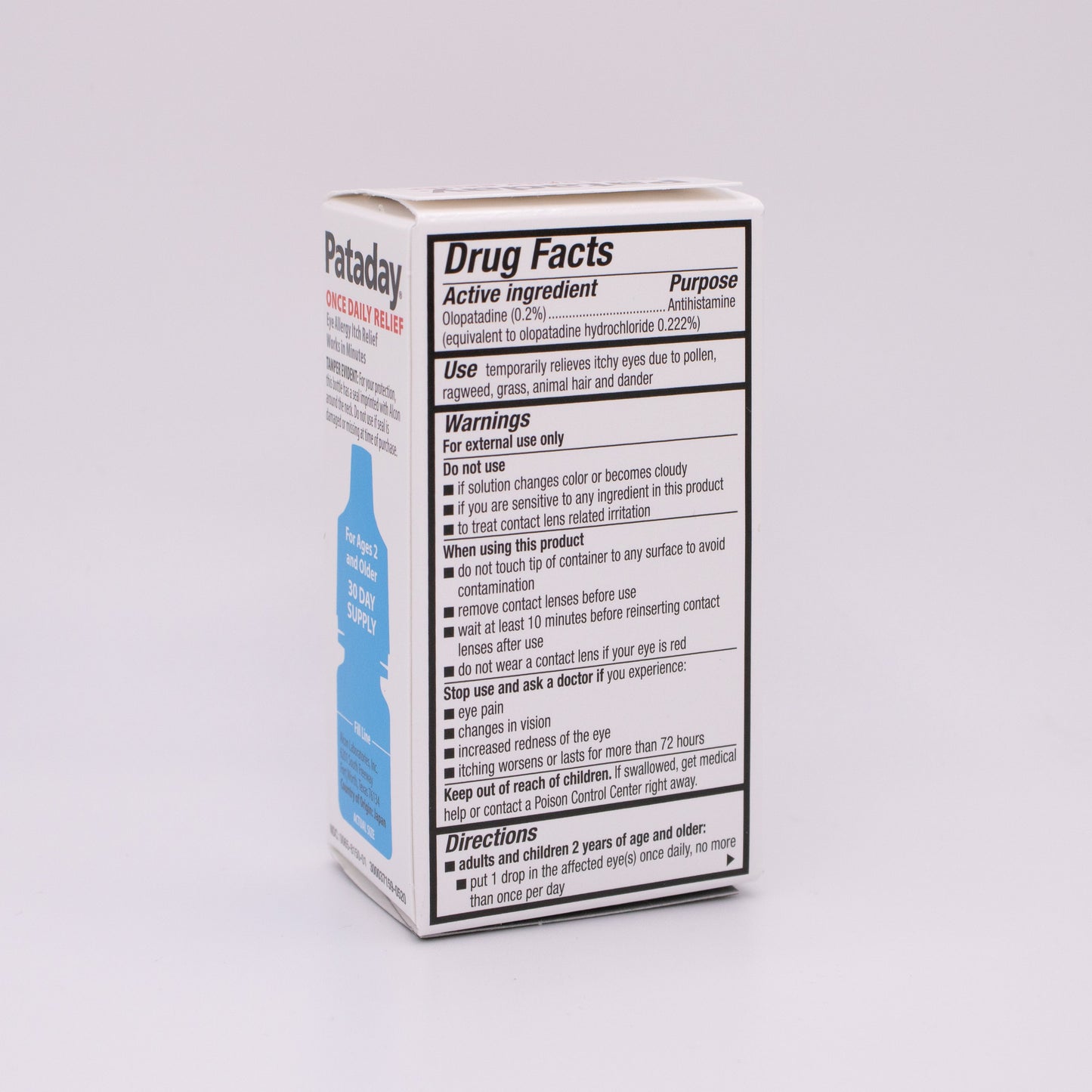 Pataday Once Daily box with 'Drug Facts' label on a white background