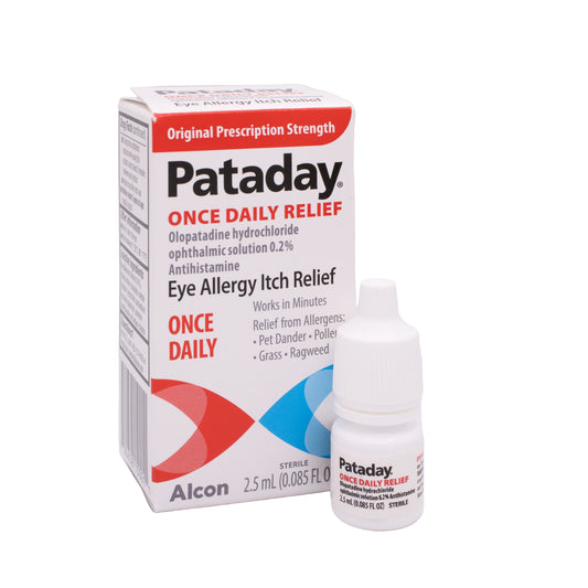 Pataday eye allergy relief box with bottle on a white background