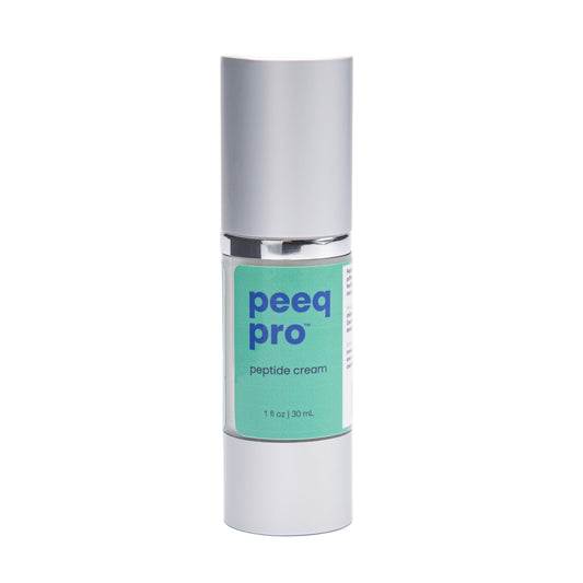 A bottle of Peeq Pro Youthful Eyes Peptide Cream with a white and teal label, set against a white background.