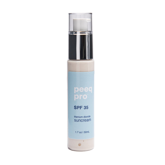 A pump bottle of Peeq Pro Sun Cream with SPF 35; labeled with the product name and SPF level, with a clear cap and a blue label.