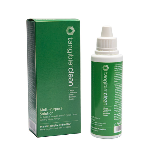 A bottle of Tangible Clean multi-purpose contact lens solution next to its green packaging box.
