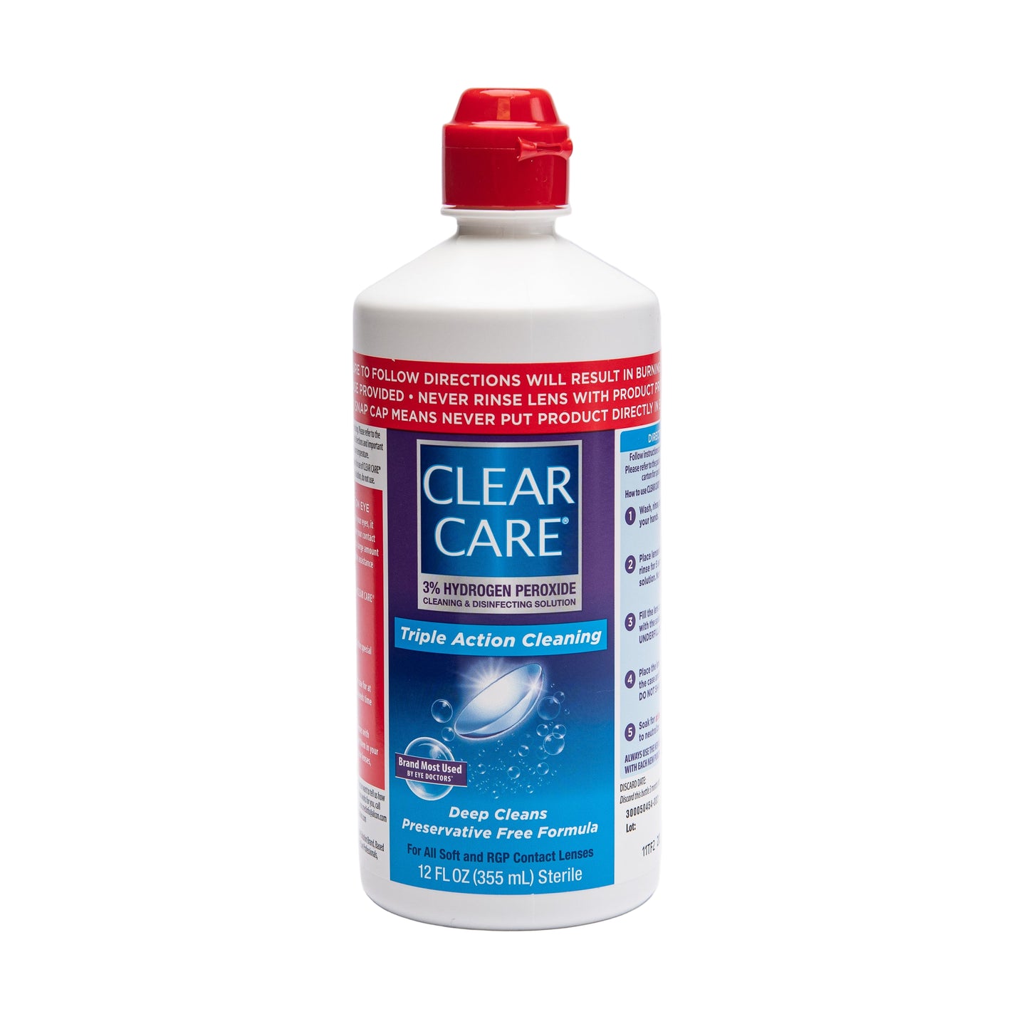 A bottle of Clear Care 3% Hydrogen Peroxide Triple Action Cleaning Solution with a red cap, designed for eyecare and patient use.