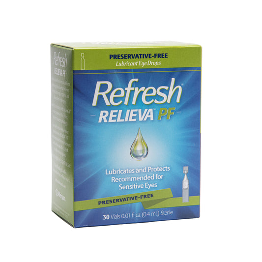 Box of Refresh Relieva PF Lubricant Eye Drops, containing 30 vials.