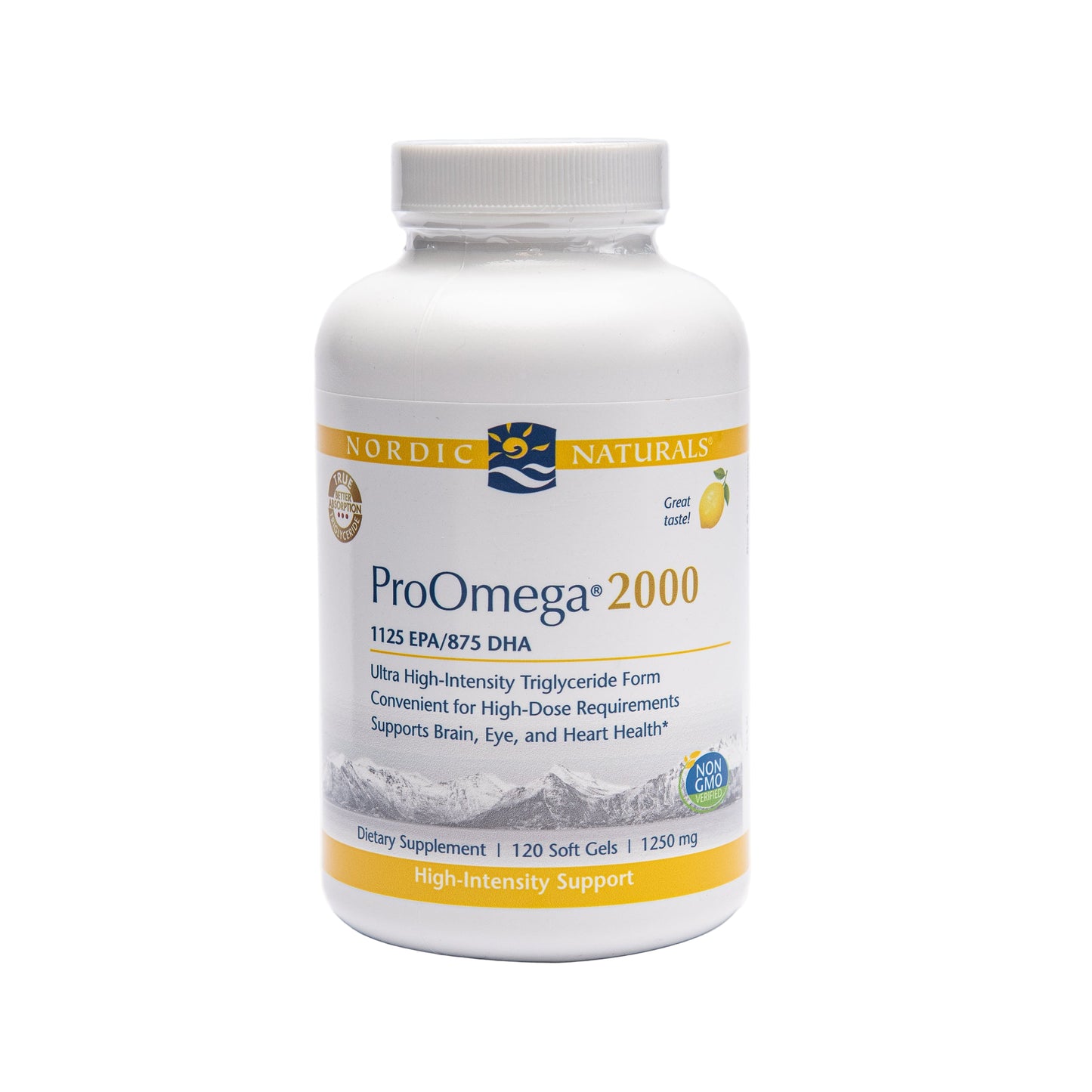 A bottle of Nordic Naturals ProOmega 2000, lemon flavor, with a white label displaying the product name and dietary supplement information.