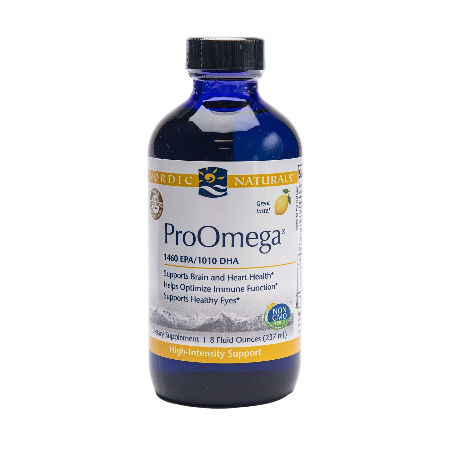A bottle of Nordic Naturals ProOmega Liquid in Lemon flavor, which is a dietary supplement.