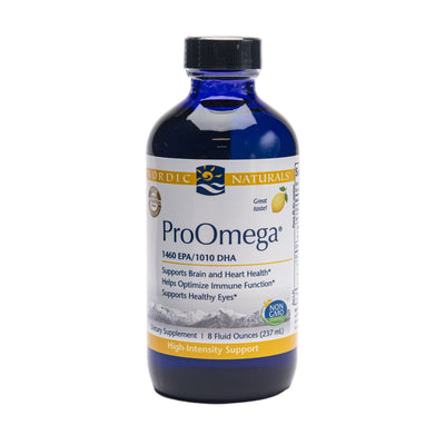 A bottle of Nordic Naturals ProOmega Liquid in Lemon flavor, which is a dietary supplement.