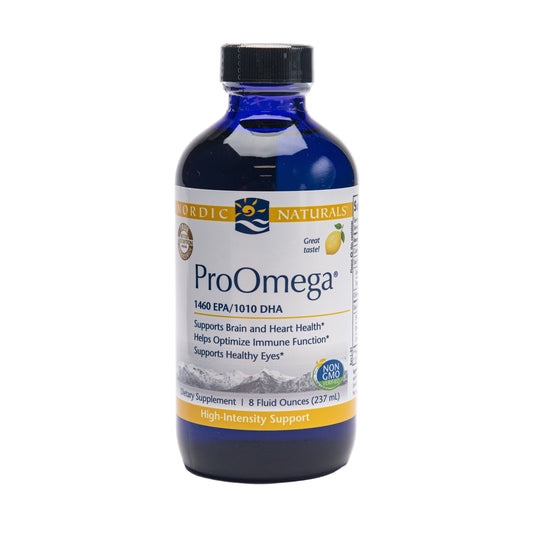 A bottle of Nordic Naturals ProOmega Liquid in Lemon flavor, which is a dietary supplement.