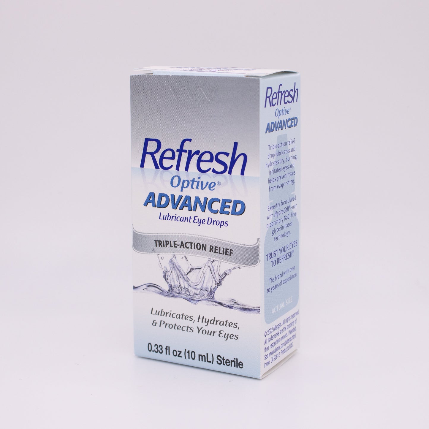 Box of Refresh Optive Advanced Lubricant Eye Drops on a gray background