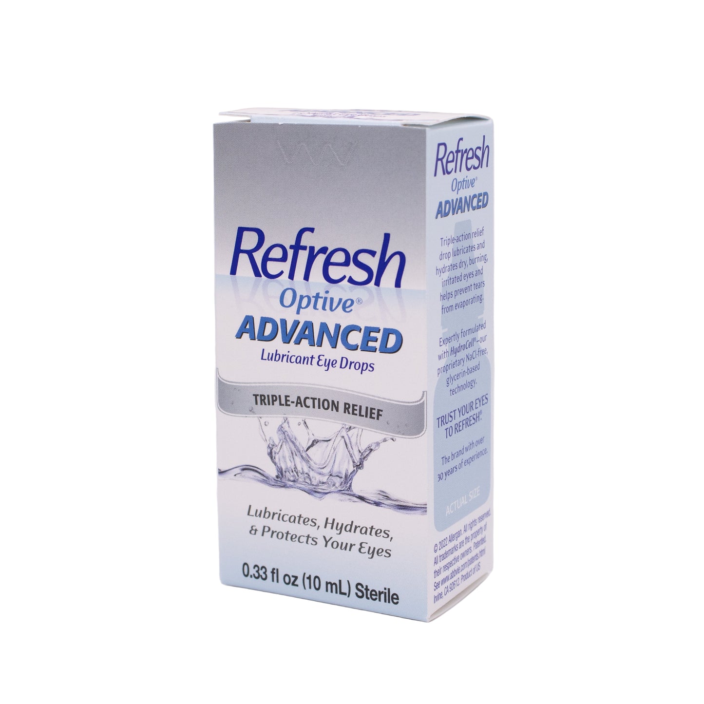 Box of Refresh Optive Advanced Lubricant Eye Drops on a gray background