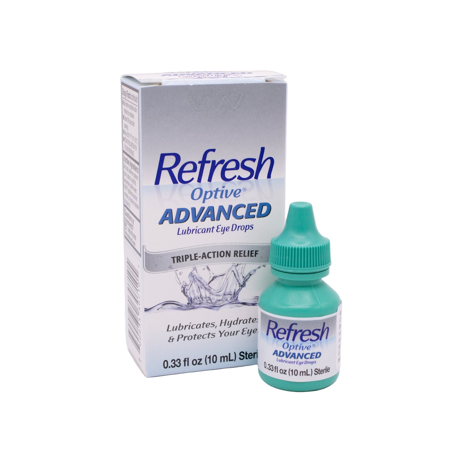 Refresh Optive Advanced eye drop bottle and packaging on a white background