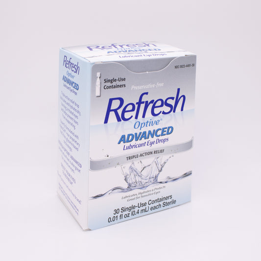 Box of Refresh Optive Advanced eye drops on a white background