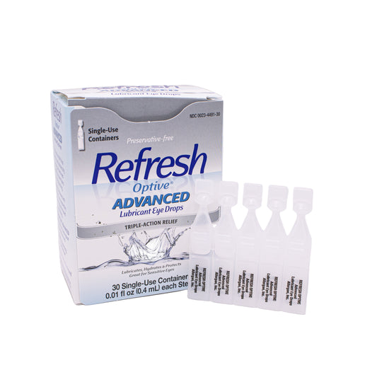 Box of Refresh Optive Advanced Lubricant Eye Drops on a white background
