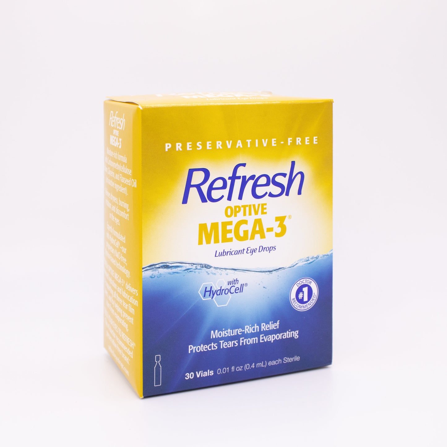 Box of Refresh Optive Mega-3 eye drops on a white background