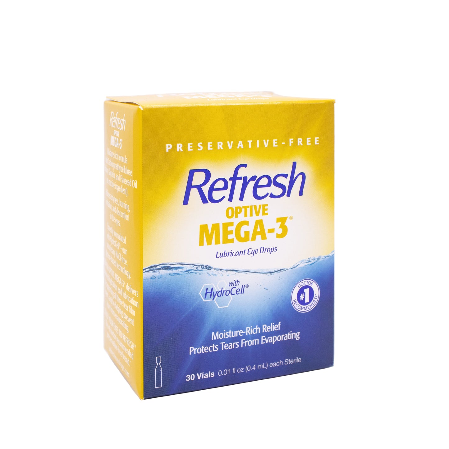 Box of Refresh Optive Mega-3 eye drops on a white background