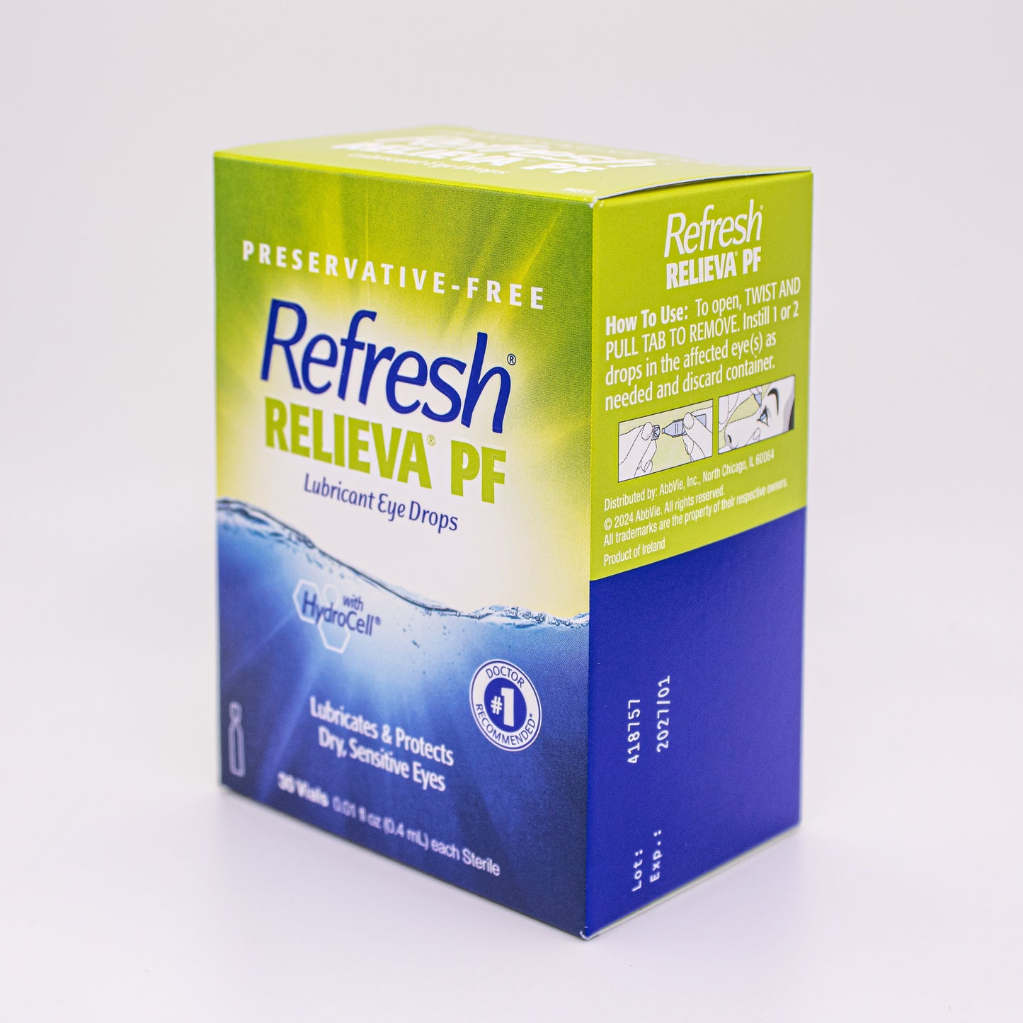 Box of Refresh Relieva PF eye drops on a white background