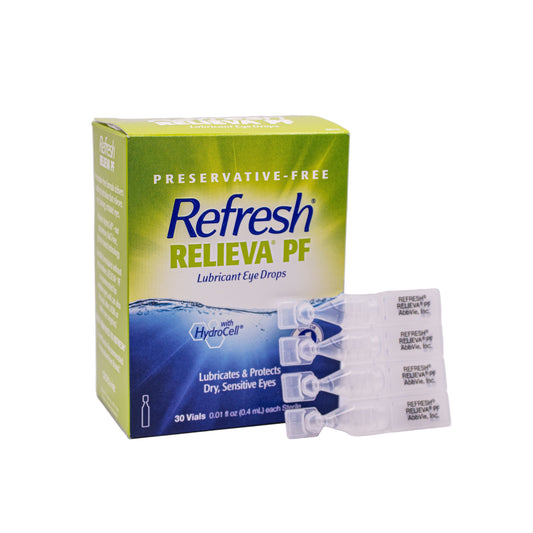 Box of Refresh Relieva PF lubricant eye drops, 3o vials