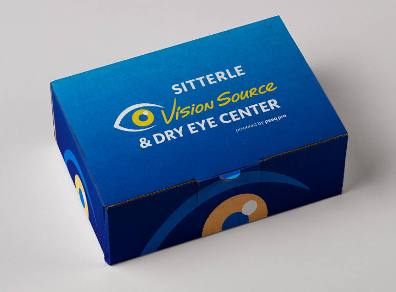 Blue box with Sitterle Vision Source and Dry Eye Center branding on a gray background