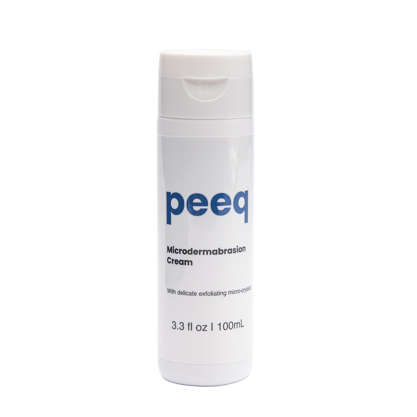 A bottle of Peeq Microdermabrasion Cream with white and blue labeling, indicating the brand and product details.