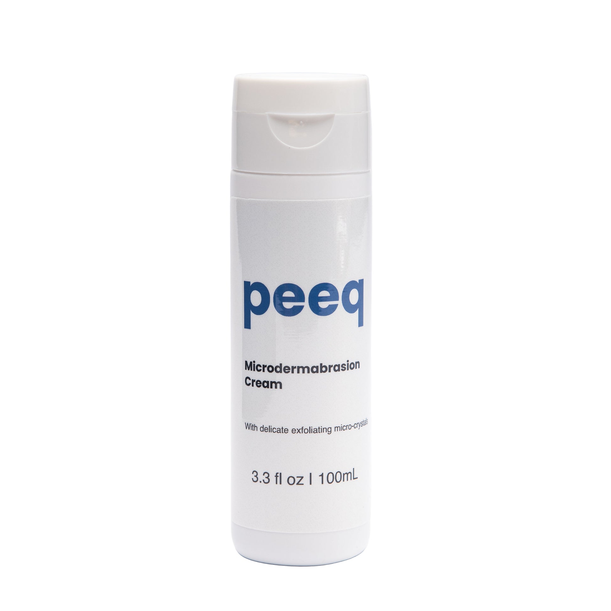 A bottle of Peeq Microdermabrasion Cream with white and blue labeling, indicating the brand and product details.