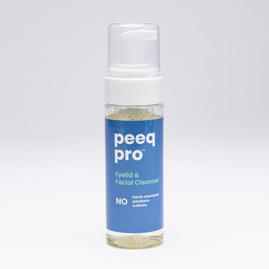 A bottle of Peeq Pro eyelid and facial cleanser, 50ml