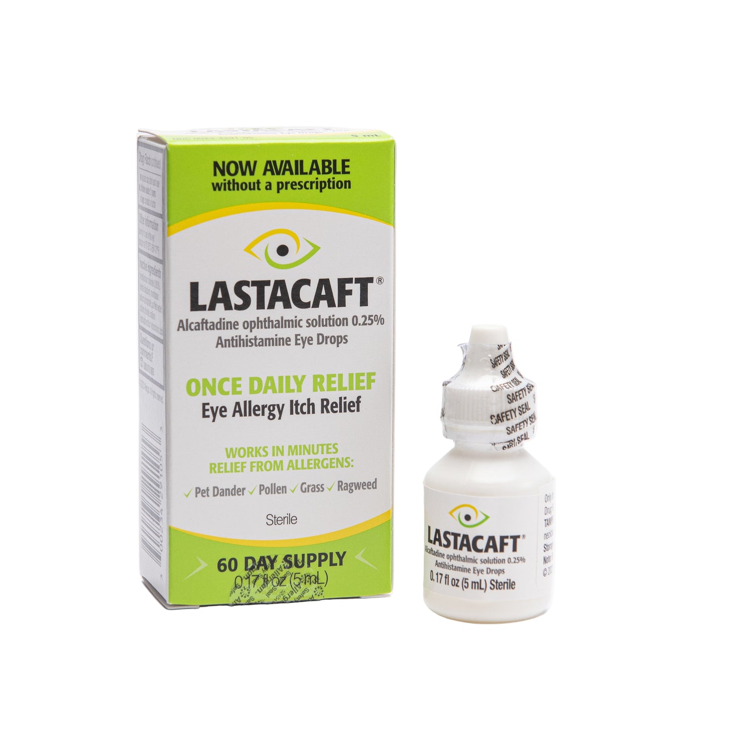 A box and bottle of Lastacaft Eye Allergy Itch Relief Drops, with text indicating it is a 60-day supply, fast-acting, and prescription-strength.