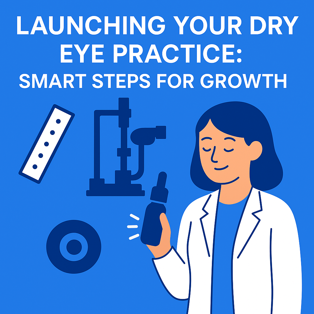 Illustration of an eye doctor holding dry eye treatment with NaFl strips, slit lamp, and transilluminator icons, alongside text: Launching Your Dry Eye Practice: Smart Steps for Growth.