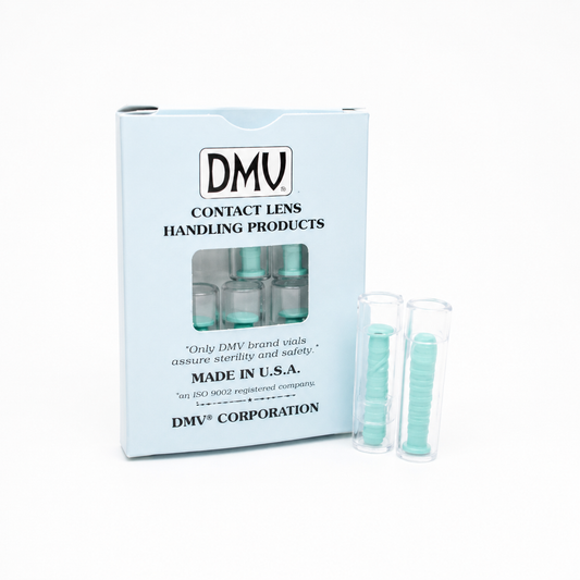 DMV contact lens handling products packaging with contact lenses on a white background