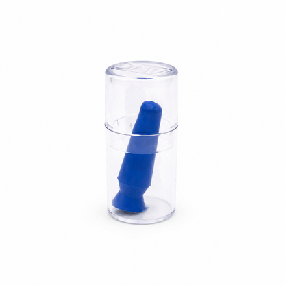 Blue vented scleral lens cup inside a clear cylindrical container on a white background