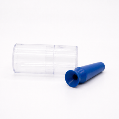 Clear plastic container with a blue dmv vented scleral cup on a white background