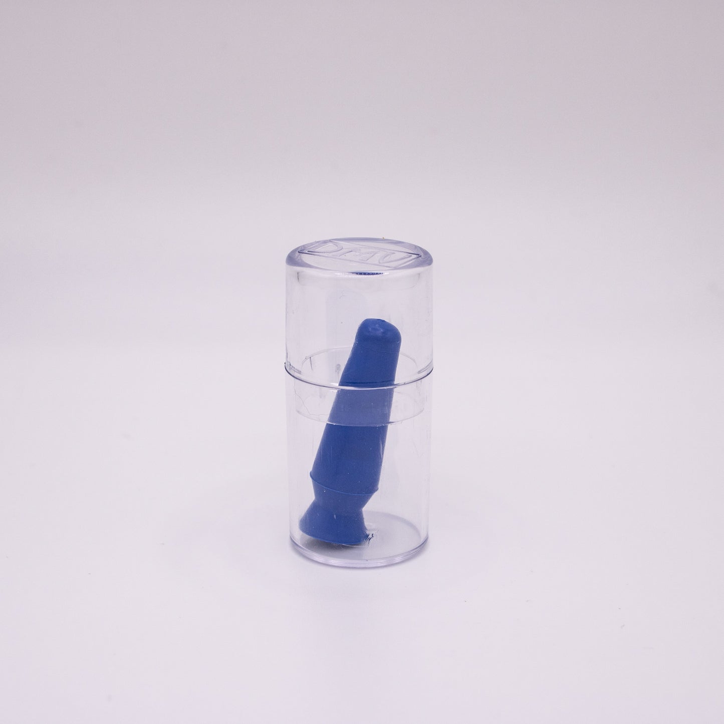 Blue vented scleral lense inside a clear cylindrical container on a white background