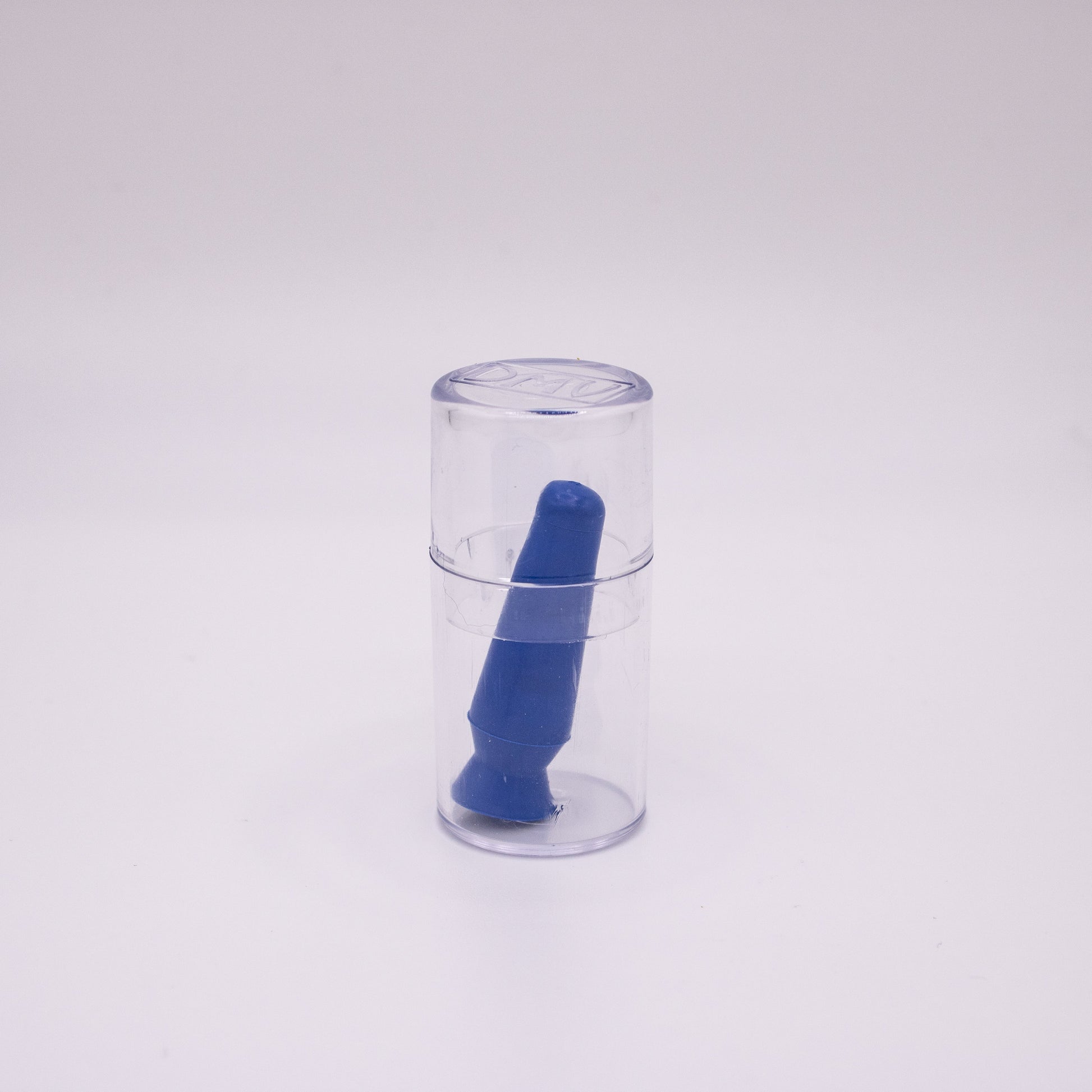Blue vented scleral lense inside a clear cylindrical container on a white background