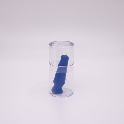 Blue vented scleral lense inside a clear cylindrical container on a white background