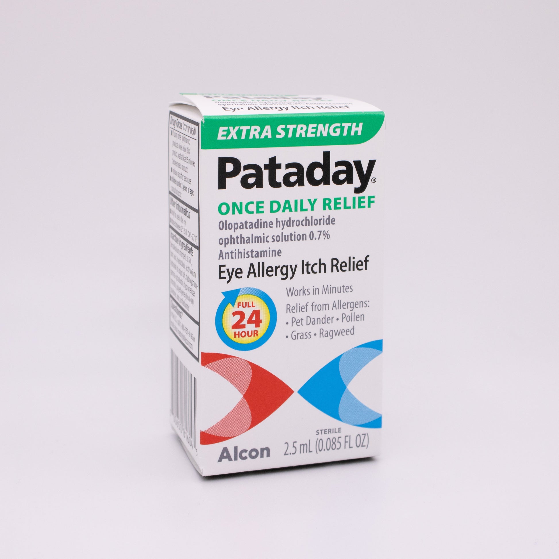 Extra Strength Pataday Once Daily Relief eye allergy relief packaging on a gray background